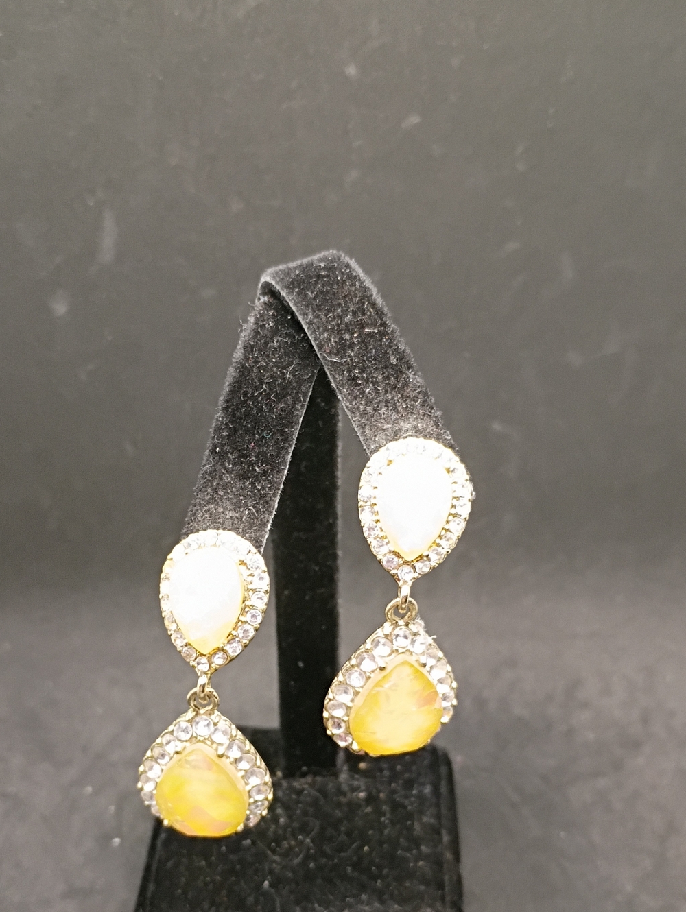 Gold-Tone Yellow Teardrop Double Drop Earrings with Clear Crystal Halo